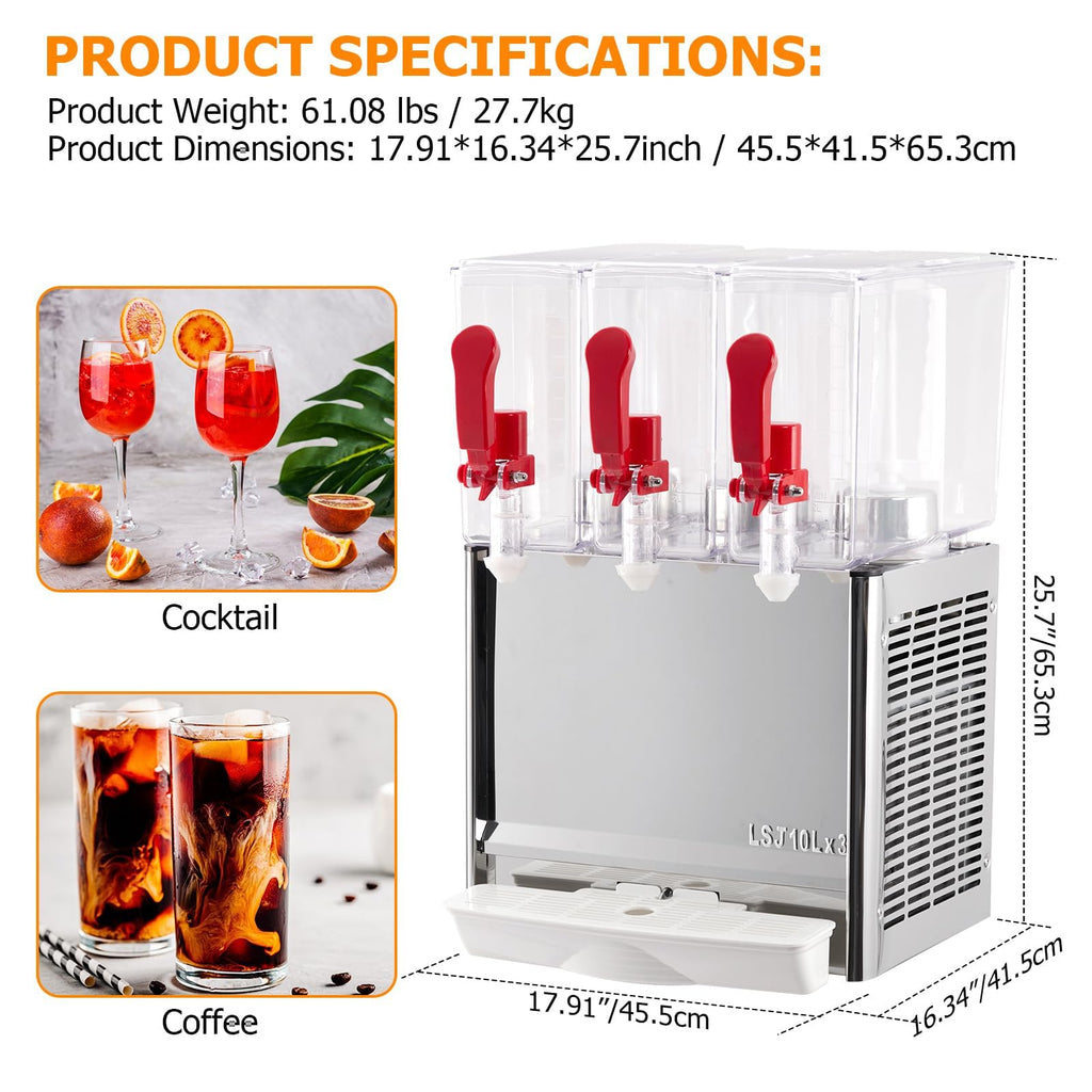 GARVEE 30L (7.93 Gallon) Commercial Juice Dispenser, 3 Tanks 320W, Stainless Steel Beverage Dispenser for Tea, Drink