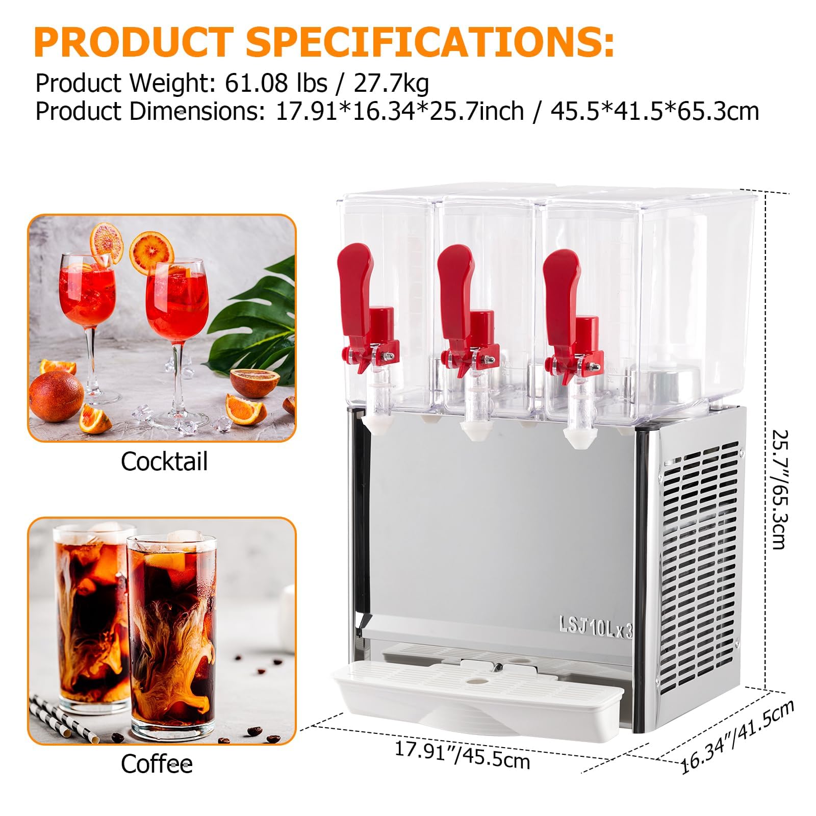 GARVEE 30L (7.93 Gallon) Commercial Juice Dispenser, 3 Tanks 320W, Stainless Steel Beverage Dispenser for Tea, Drink