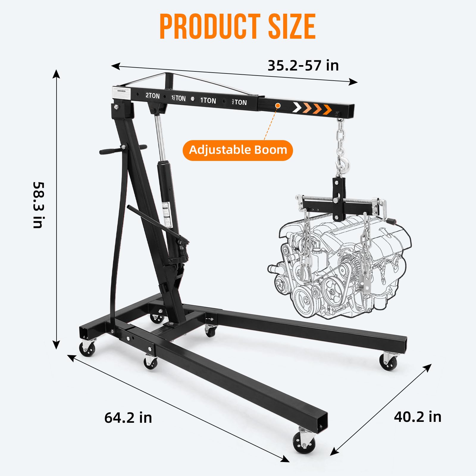 Garvee 2T Engine Hoist with Lever - 4400 lbs Heavy-Duty Folding Cherry Picker Hydraulic Tilting Shop Crane with 6 Iron Caster Wheels, Telescopic Boom, and Hitch, Black