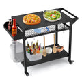 Garvee Outdoor Grill Cart, Pizza Oven Stand Table with Mesh Racks Dining Cart Table for Outside Patio, Movable Kitchen Cooking Prep Table BBQ Cart with Wheels for Home Party, Bar, Camping, Black