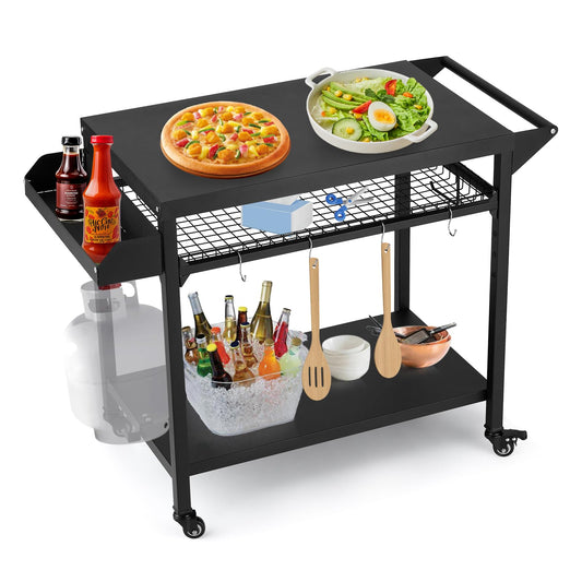 Garvee Outdoor Grill Cart, Pizza Oven Stand Table with Mesh Racks Dining Cart Table for Outside Patio, Movable Kitchen Cooking Prep Table BBQ Cart with Wheels for Home Party, Bar, Camping, Black