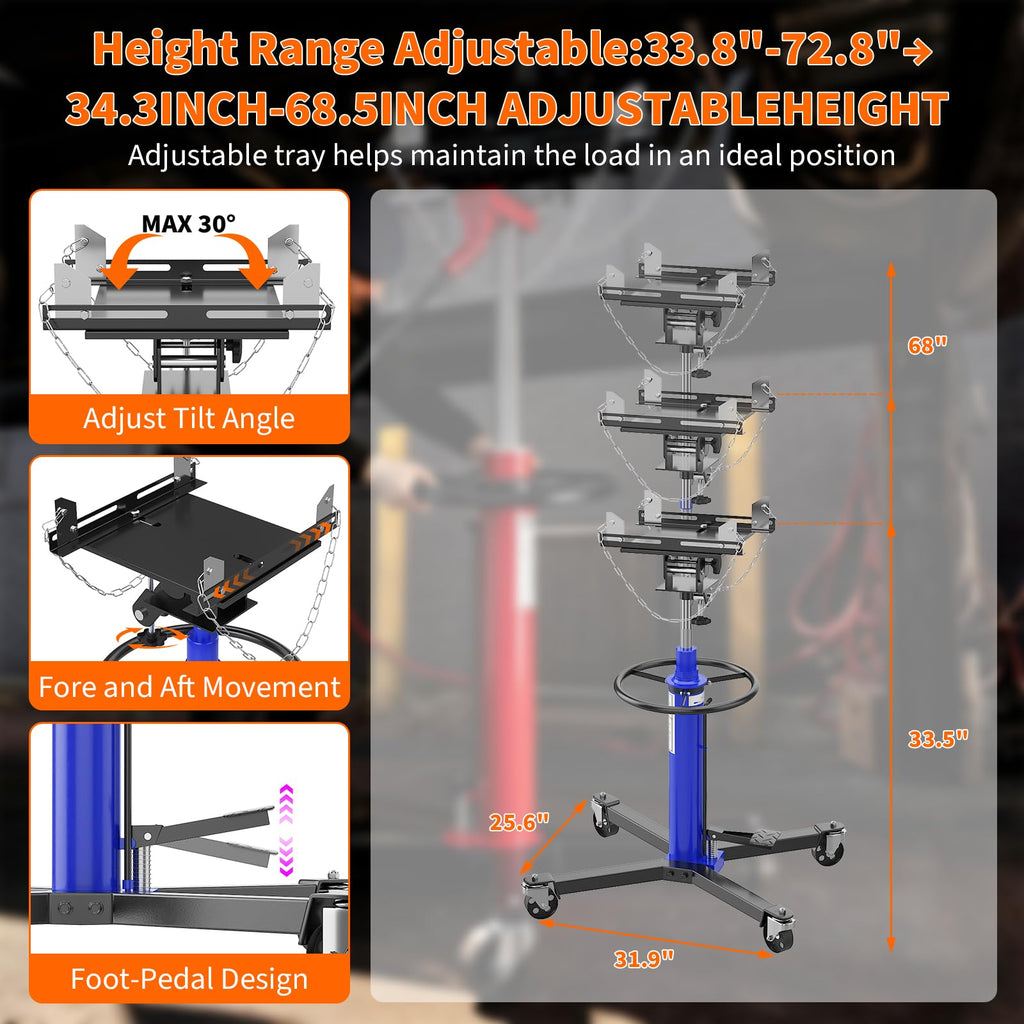 Garvee 1320lbs Transmission Jack Lift - 2-Stage Heavy-Duty High Lift Transmission Stand with Dual Spring-Loaded Pedals, 34"-68" Lifting Range, Blue
