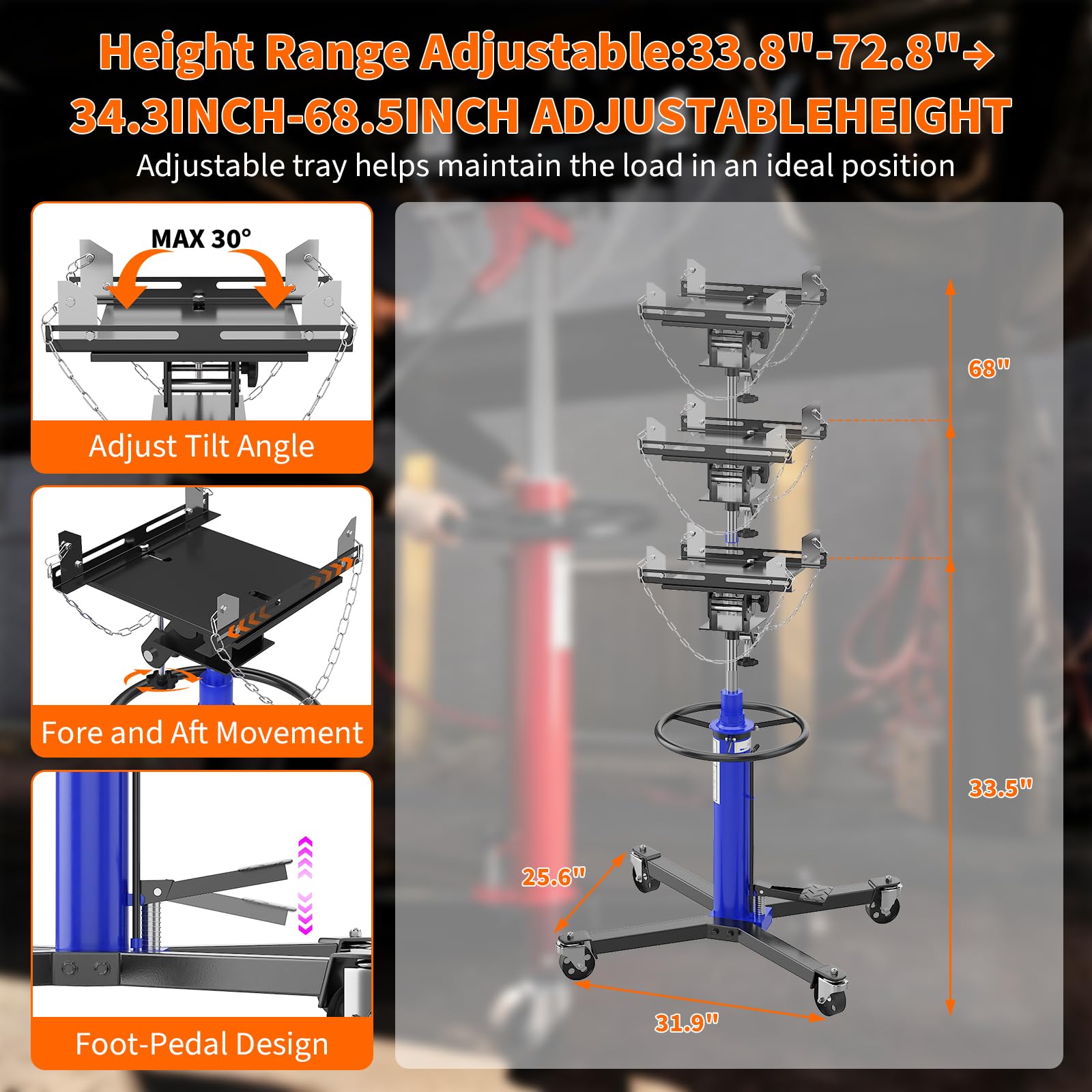 Garvee 1320lbs Transmission Jack Lift - 2-Stage Heavy-Duty High Lift Transmission Stand with Dual Spring-Loaded Pedals, 34"-68" Lifting Range, Blue