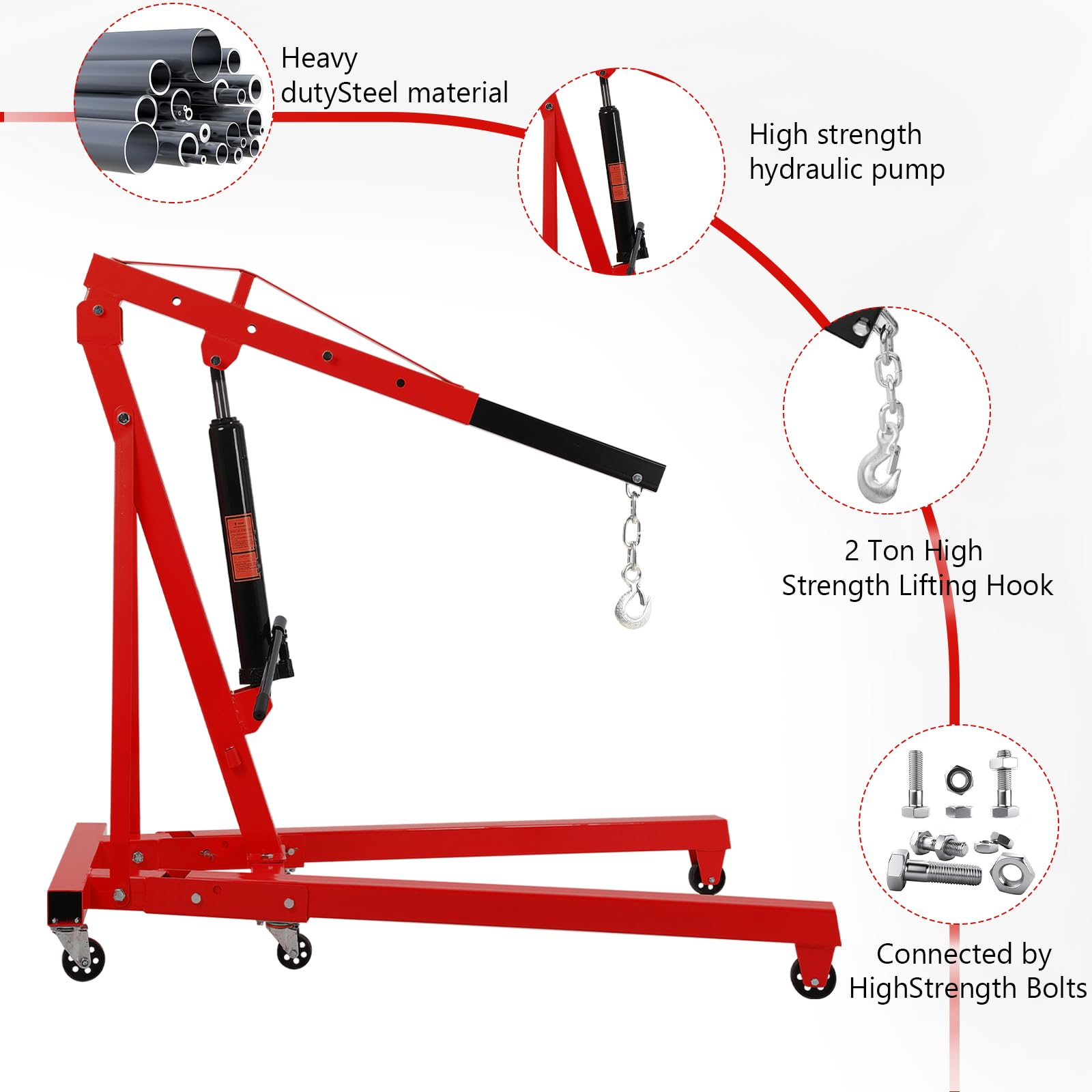 Garvee 4000LB Folding Engine Crane Engine Hoist Cherry Picker 2Ton Ship Crane Heavy Duty Steel Lift Garage Workshop Auto Repair Foldable Stand 6 Caster - Red