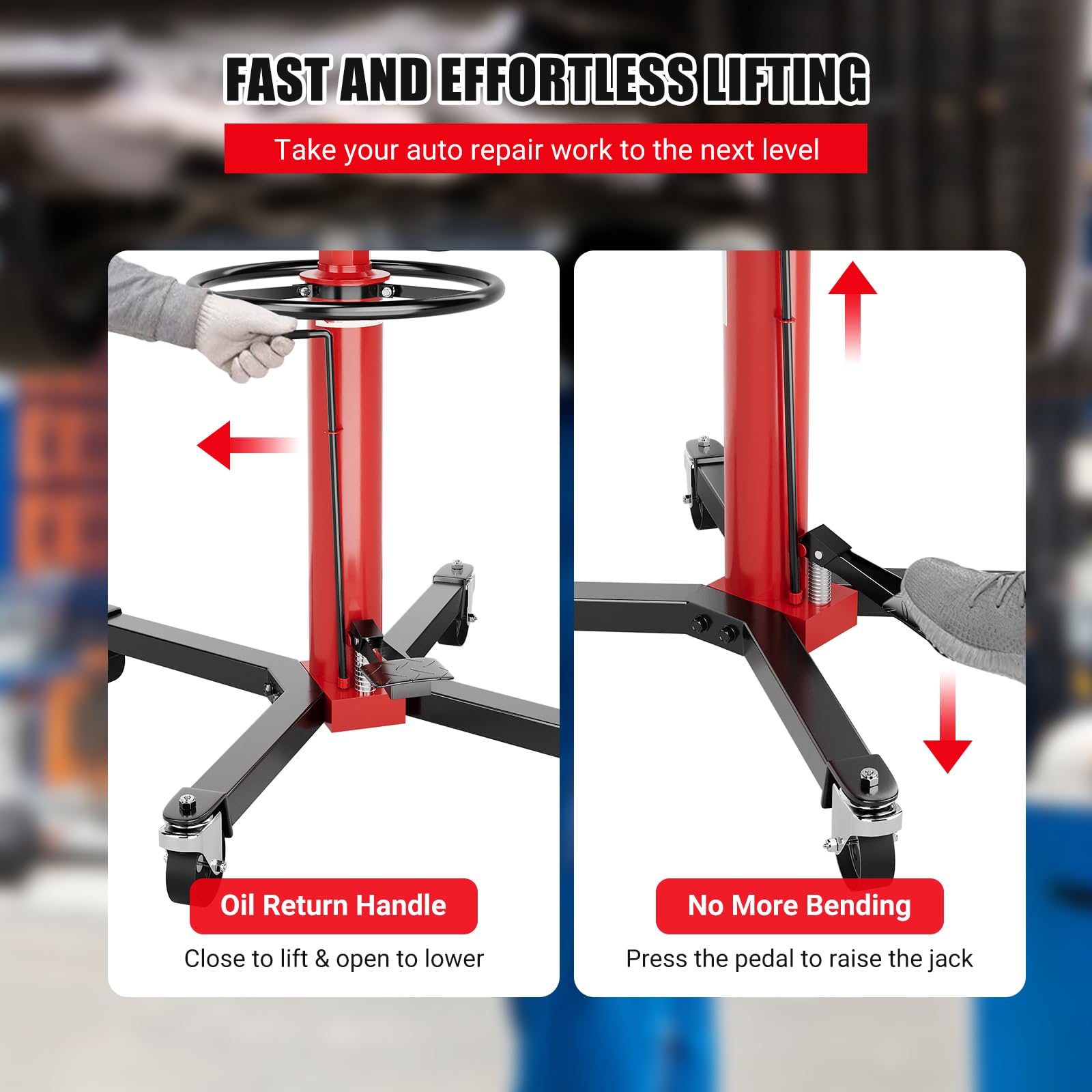 Garvee 1100lbs Hydraulic Telescoping Transmission Jack - Adjustable Stand with Foot Pedal, 34.3"-68.5" Lift Range, 360° Swivel Wheels, Red