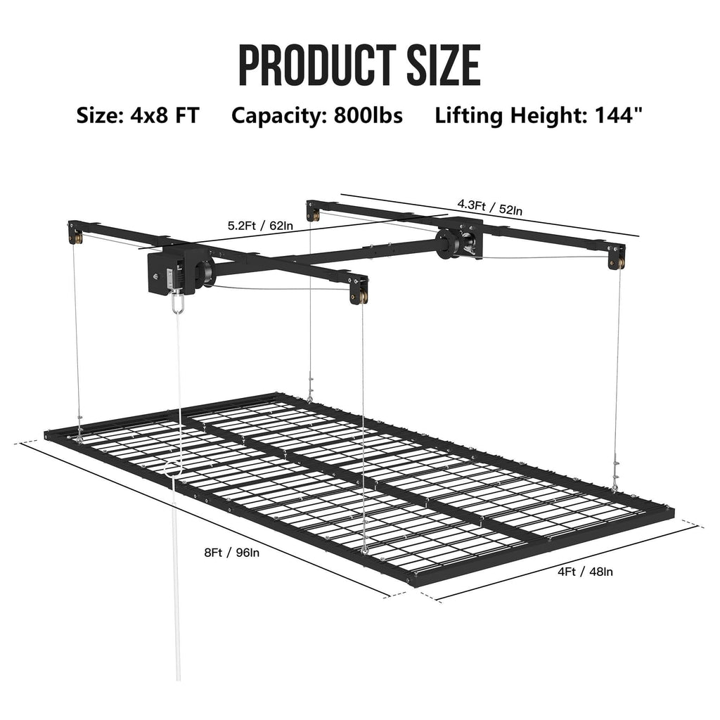 Garvee 4x8 FT Overhead Garage Lifting Storage Rack, Heavy-Duty Metal, Adjustable, Safety Lock, Black
