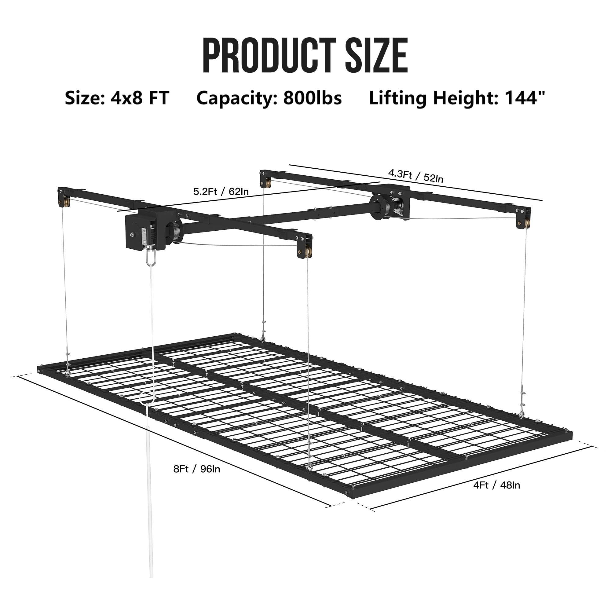 Garvee 4x8 FT Overhead Garage Lifting Storage Rack, Heavy-Duty Metal, Adjustable, Safety Lock, Black