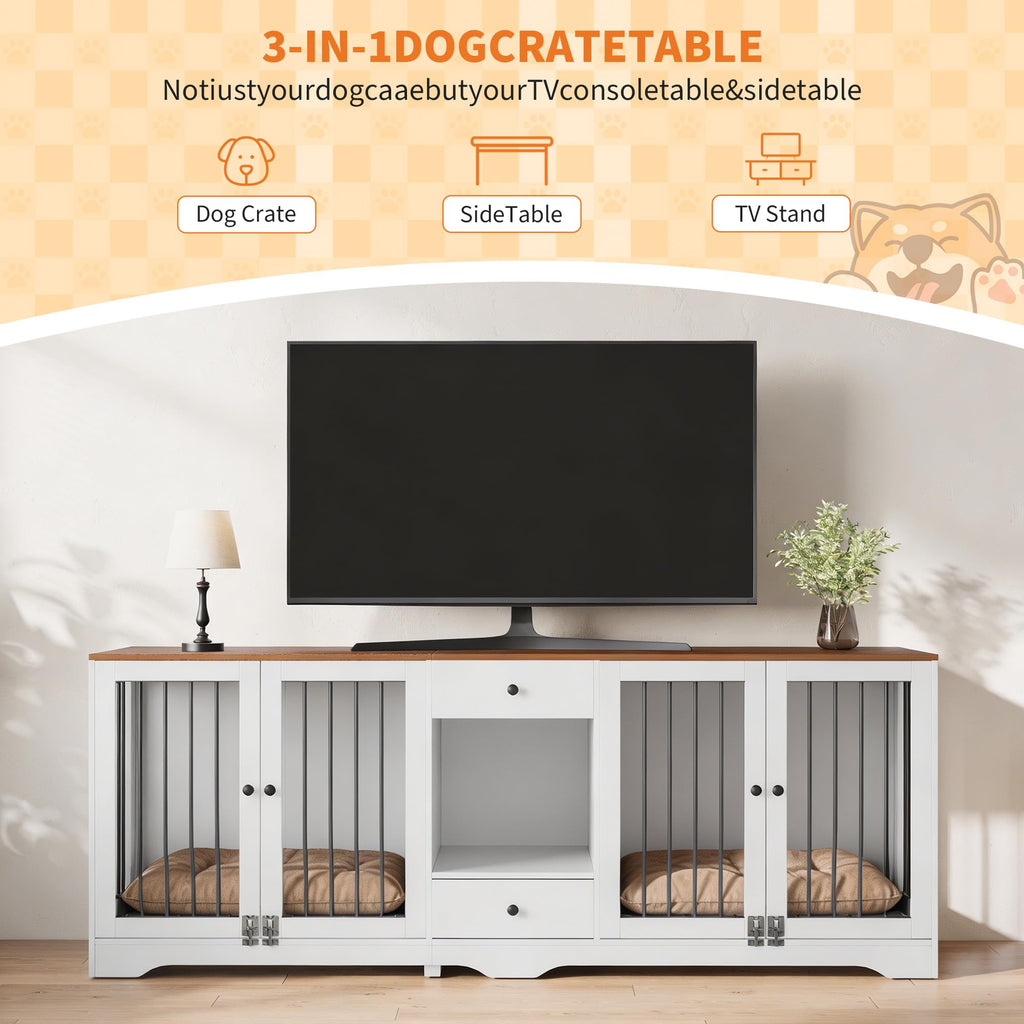 Garvee Dog Crate Furniture 83'' Indoor Dog Kennel with 4 Lockable Doors & 2 Drawers for Medium and Large Dogs, White, Multi-Functional Living Room Furniture