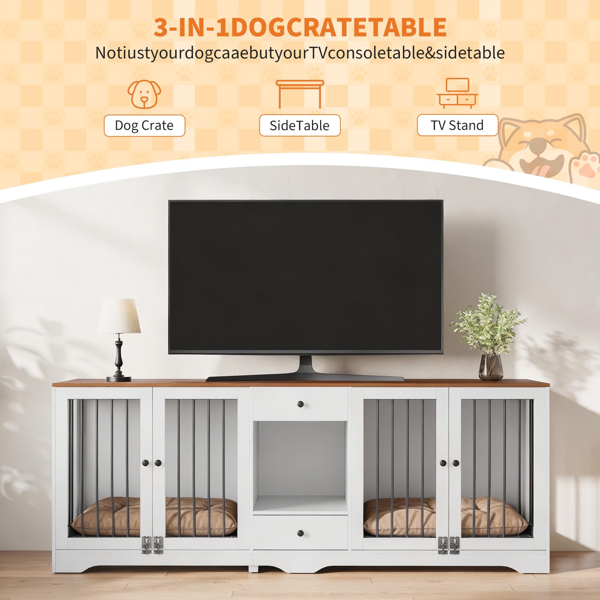 Garvee Dog Crate Furniture 83'' Indoor Dog Kennel with 4 Lockable Doors & 2 Drawers for Medium and Large Dogs, White, Multi-Functional Living Room Furniture