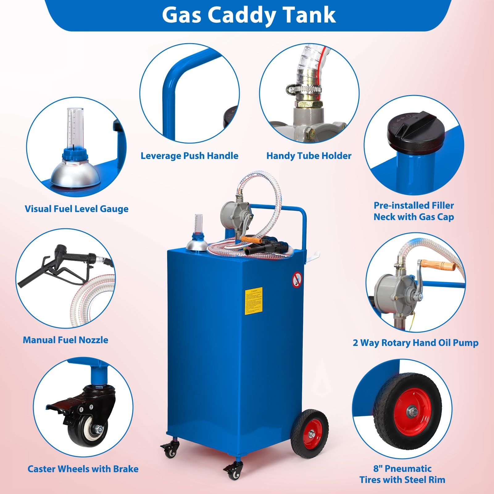 Garvee 30 Gallon Fuel Caddy with Manual Transfer Pump Heavy-Duty Stainless Steel 4-Wheel Mobile Design for Gasoline & Diesel