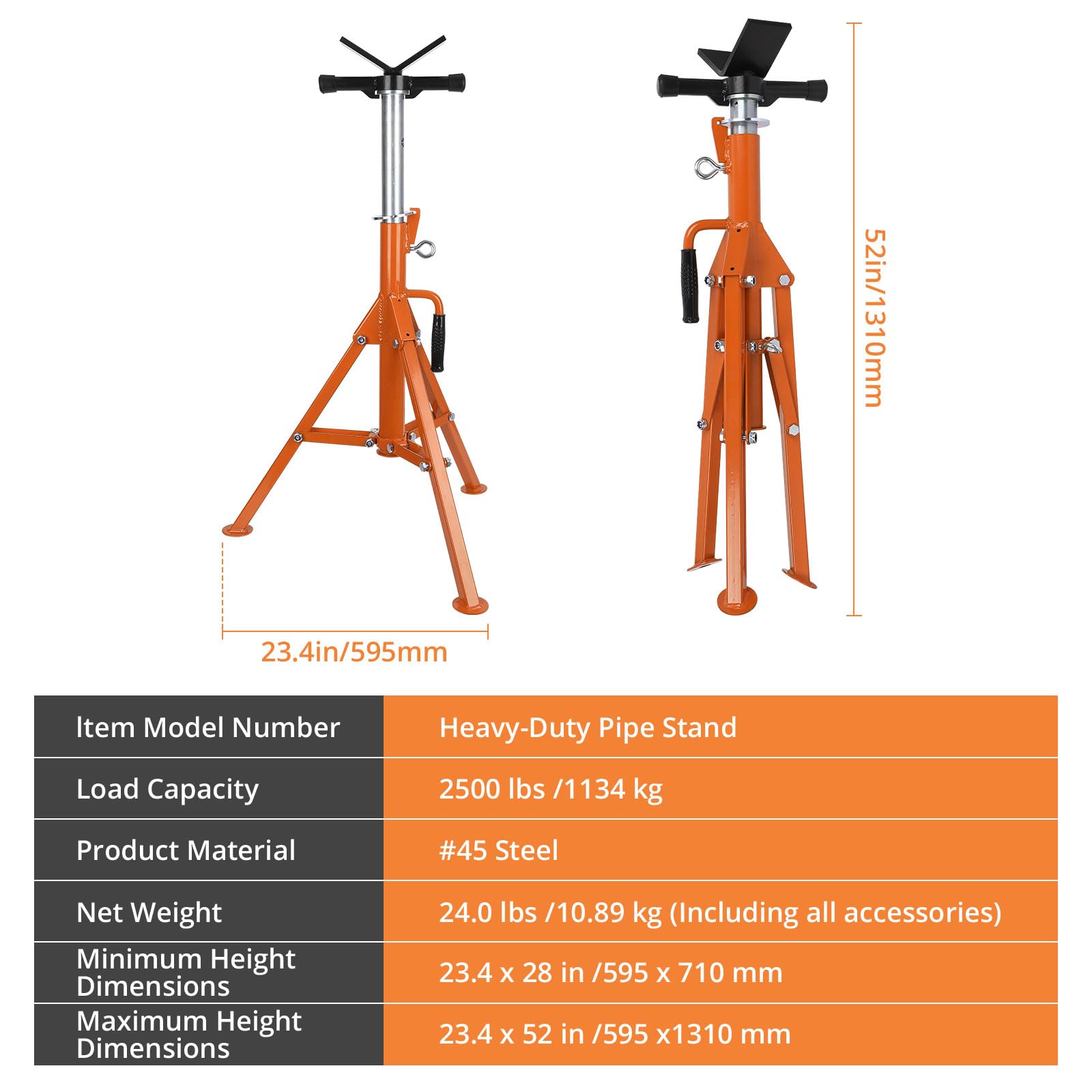 Garvee Heavy-Duty Pipe Jack Stand, 28 -52 Inch Adjustable Folding Pipe Stand, Ideal for Welding, Automotive, and Construction Projects - 2500 Lbs (Orange))