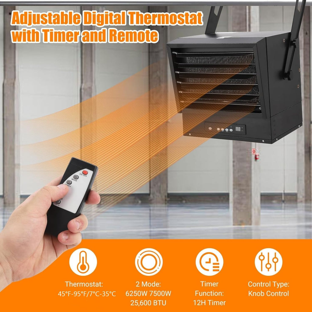 Garvee Electric Garage Heater 7500W 240V Hardwired, Digital Shop Heater with Remote Control, Timer, Overheat Protection, Ceiling Mount, Green