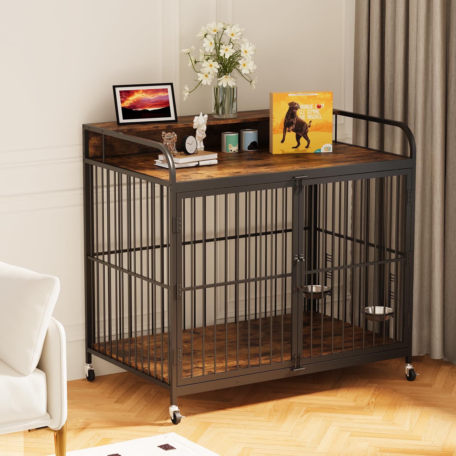 Garvee Wooden Dog Crate Furniture End Table with Adjustable Height & 360° Rotating Feeder, Heavy Duty Dog Crate with 360° Wheels, Dog Kennel Indoor, Large