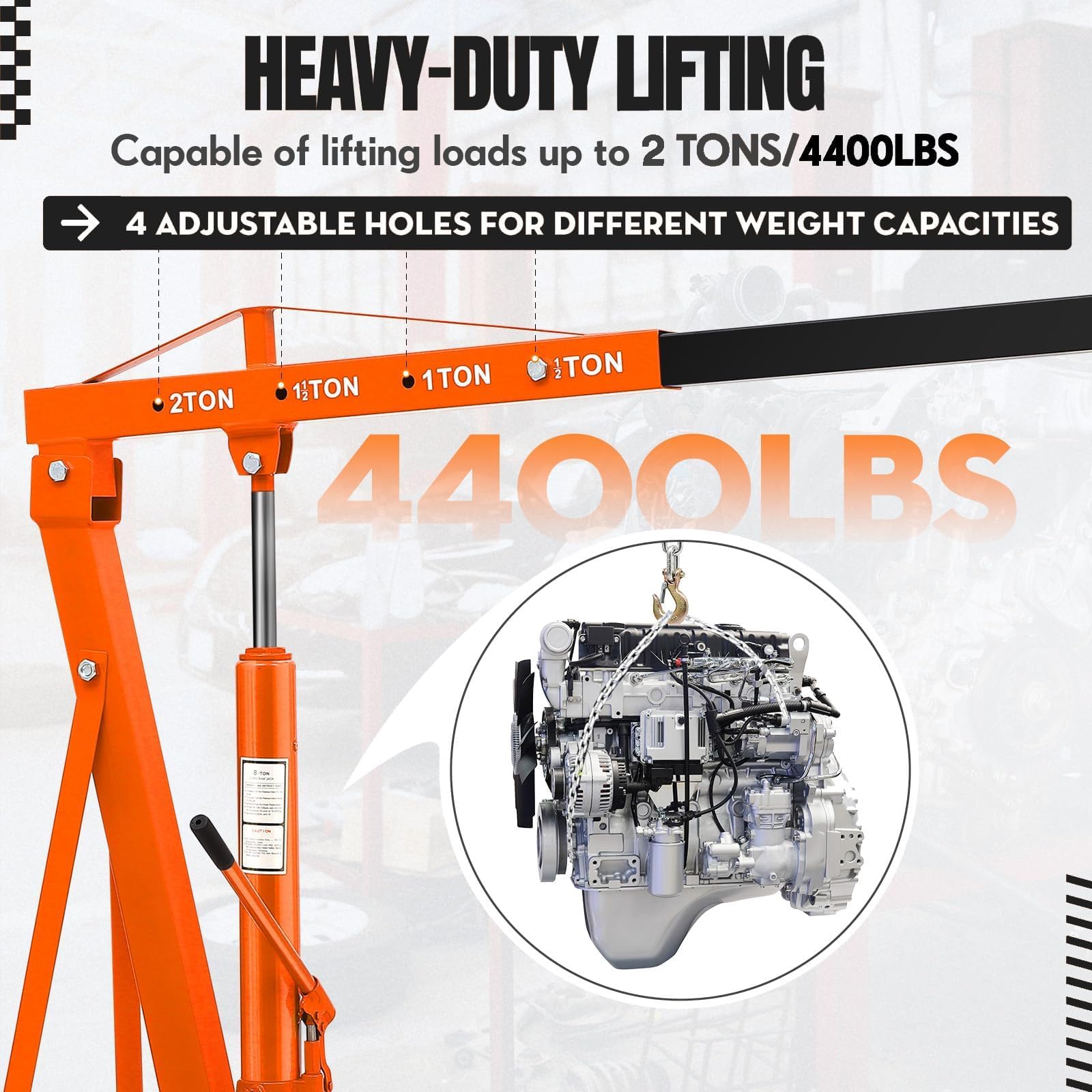 Garvee 2-Ton Folding Engine Hoist Hydraulic Shop Crane Lift With 6 Casters Telescopic Boom For Garage Workshop Factory 4400 LB Orange
