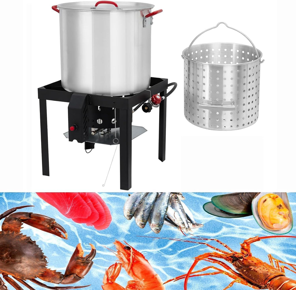 Garvee 80Qt Crawfish Boiler with Steam & Boil Basket, Strainer - 110,000 BTU Propane Jet Burner, Support Rack, Lifting Hook & 0-10 PSI Regulator