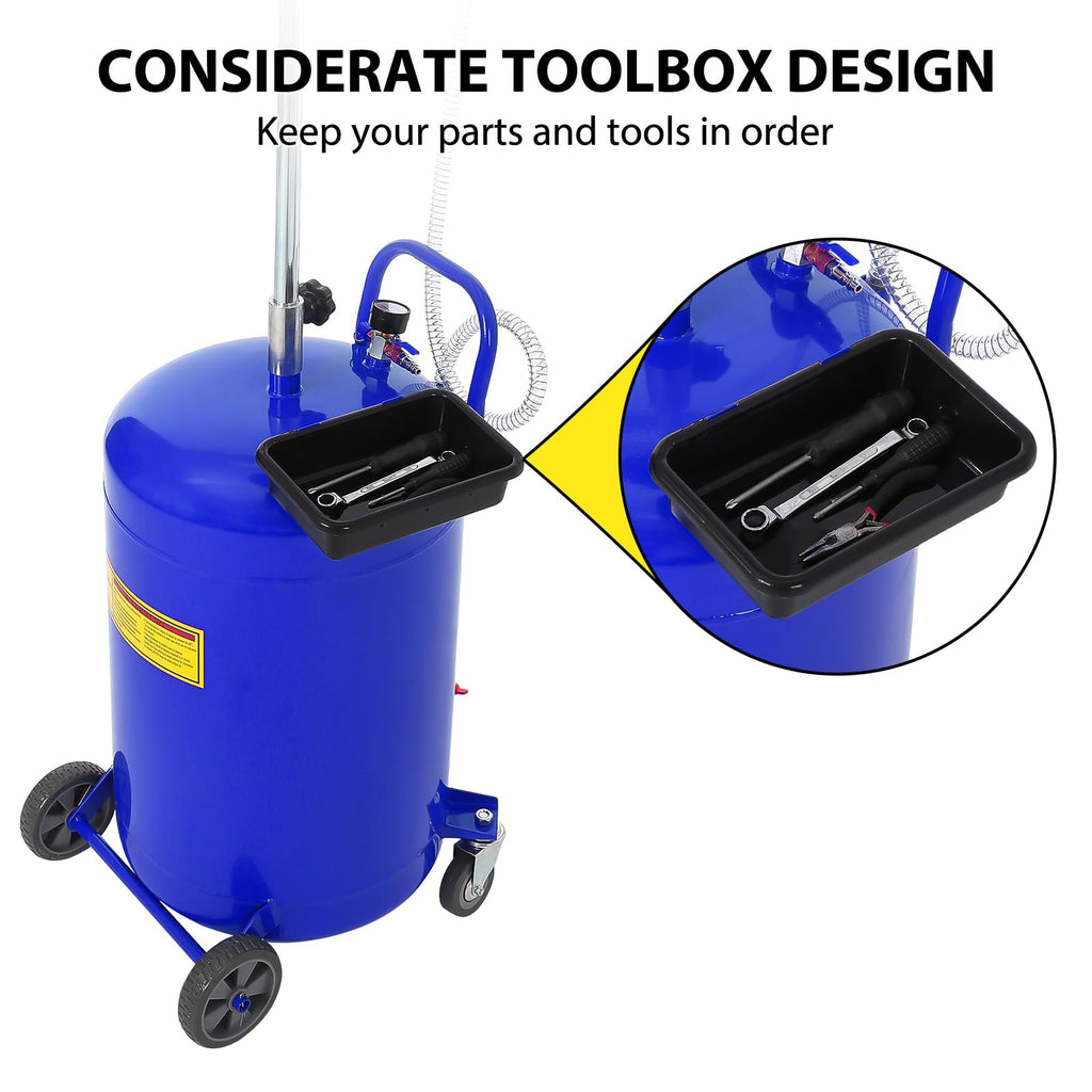 Garvee 20 Gallon Waste Oil Drain Tank - Portable Air-Operated Oil Drainer with 15'' Premium Bowl, Adjustable Funnel Height, Wheels, and Toolbox for Fluid Fuel Transfer and Drainage, Blue