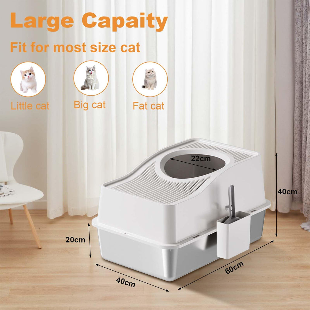 Garvee Stainless Steel Cat Litter Box Fully Enclosed Top-Entry Large Cat Toilet White 60x40x39.5cm