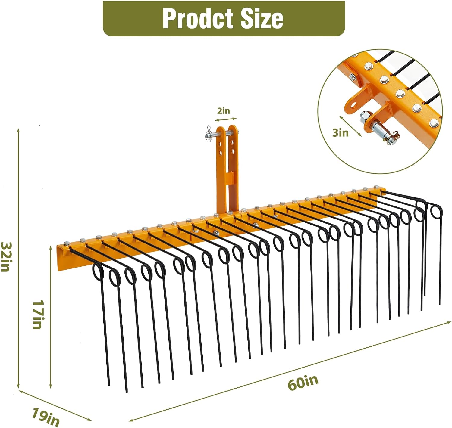 Garvee Pine Straw Rake 60 Inch , 6mm Rake Needle, 26 Coil Spring Tines Durable Powder Coated Steel Tow Behind Landscape Rake with 3 Point Hitch Receiver Attachment Fit to Cat0 Cat 1 Tractors for Leaves Grass, Yellow