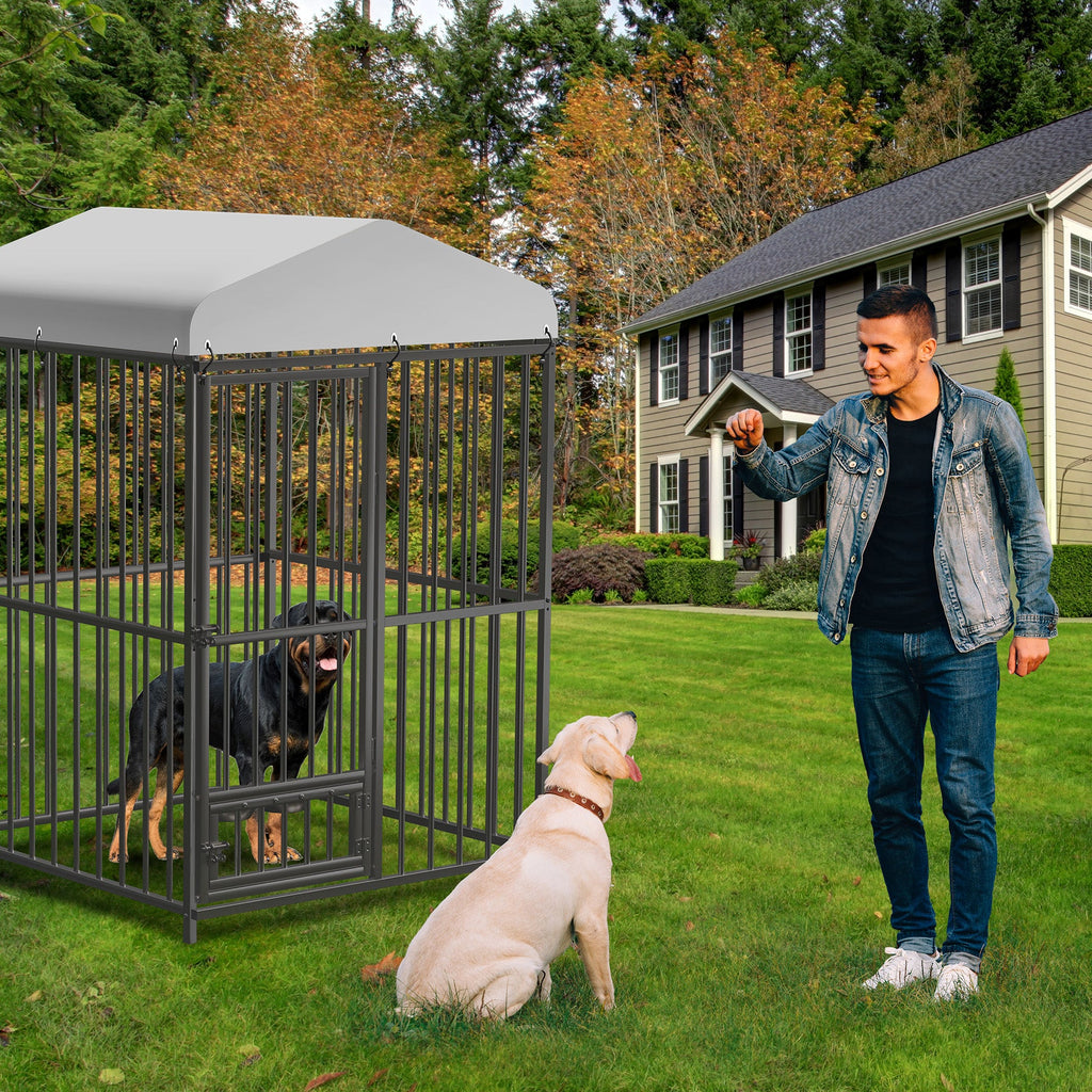 Garvee 4x4x6ft Outdoor Dog Kennel, Heavy Duty Dog Cage with Waterproof Roof, Dog Kennel Galvanized Iron Dog House with Safety Locks, UV & Water Resistant Proof Cover, for Garden Backyard