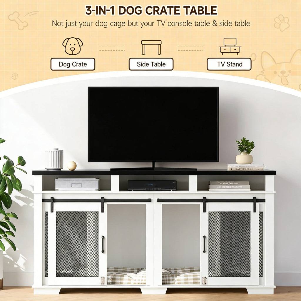 Garvee Dual-Panel Dog Crate Furniture, 71" Heavy Duty Dog Kennel Furniture with 3 Storages and Removable Divider, Double Dog Crate Table Indoor TV Stand for Large Medium Dogs, Black&White