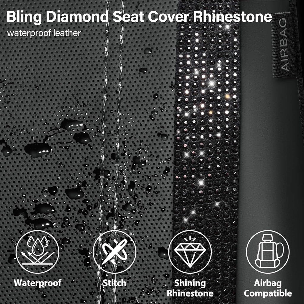 Garvee 9-Piece PU Leather Patchwork Car Seat Covers with Rhinestones - Universal Fit for VW Caddy, Ford Focus, Audi A3, Mini Cooper - Black & White