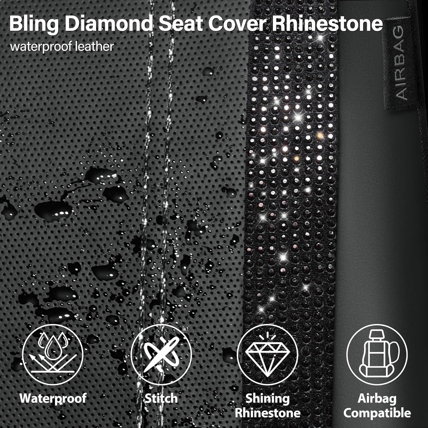 Garvee 9-Piece PU Leather Patchwork Car Seat Covers with Rhinestones - Universal Fit for VW Caddy, Ford Focus, Audi A3, Mini Cooper - Black & White