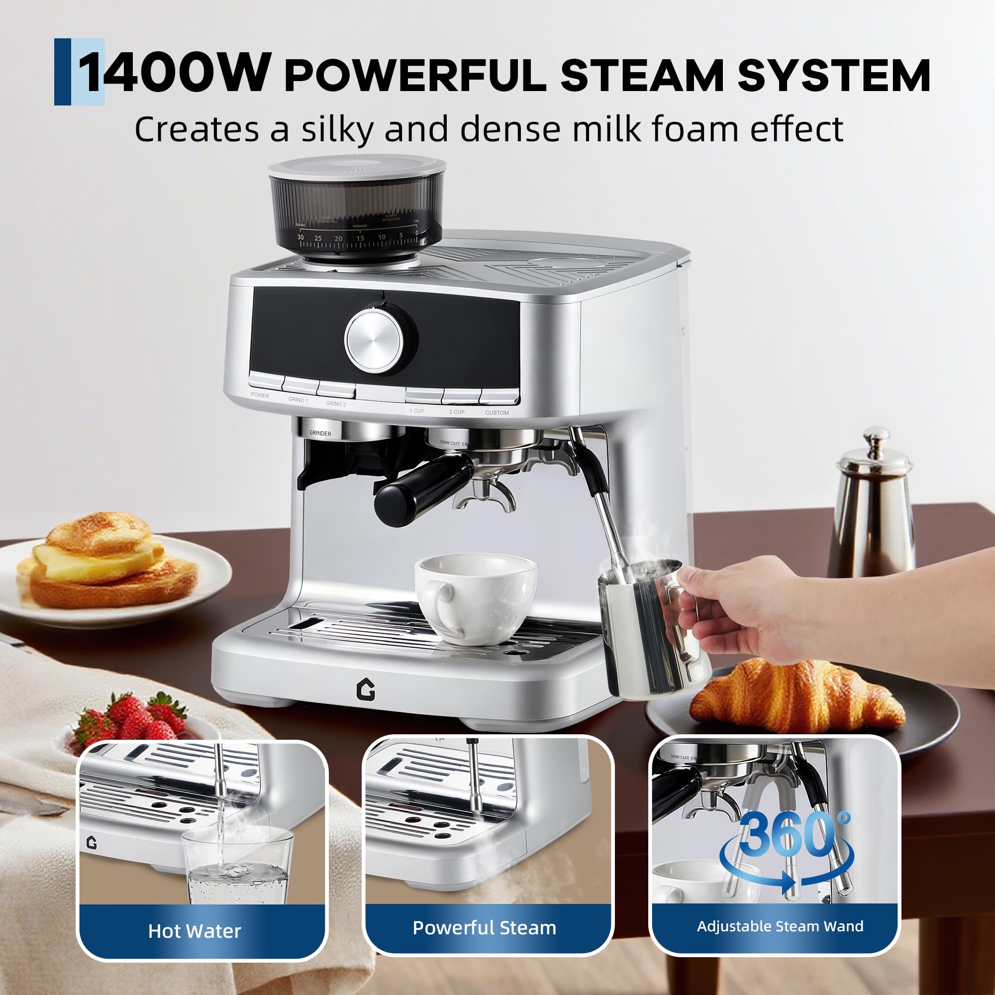 Garvee 20 Bar Pressure Espresso Machine with Grinder, Milk Frother for Home/Office, 1.5L Removable Tank, Silver