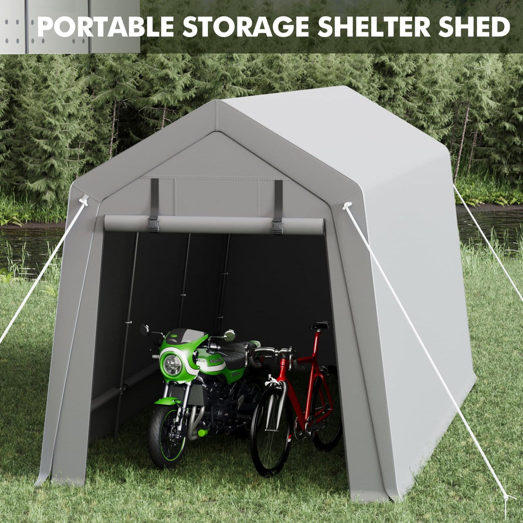 Garvee 7x15 FT Motorcycle Storage Sheds, Portable Carport with Rolled up Zipper Door , Waterproof , Storage Tent Heavy Duty for Motorcycle , Bike , Firewood , Garden Tools , Grey
