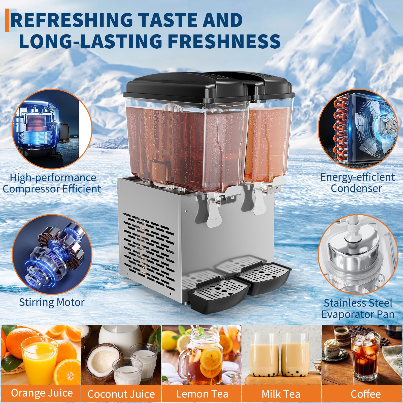 Garvee Commercial Beverage Dispenser 2 Tanks 18L Stainless Steel Juice Dispenser for Restaurant Bar Party Cold Drinks