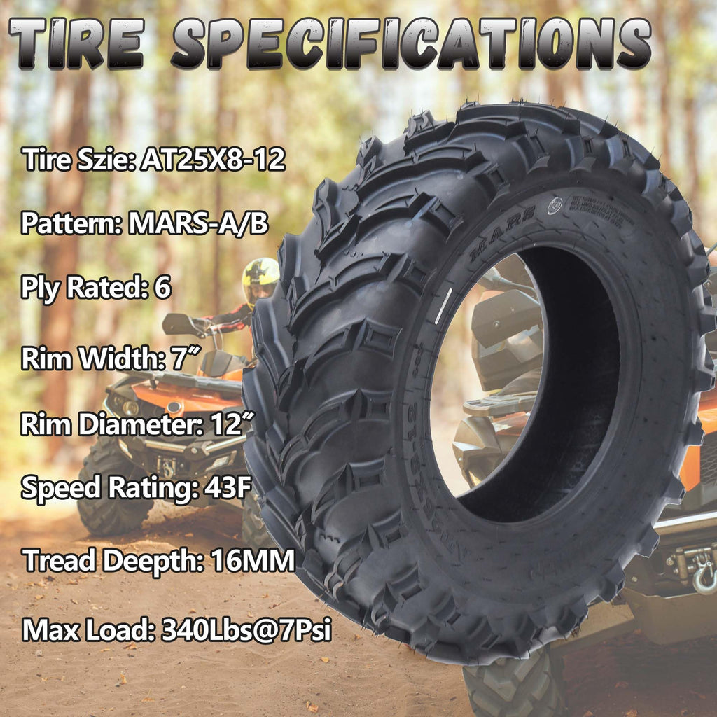 Garvee Set of 2 ATV Trail Tires 6PR Knobby Sport Tires, Tubeless - AT25x10-12-6PR TL MARS