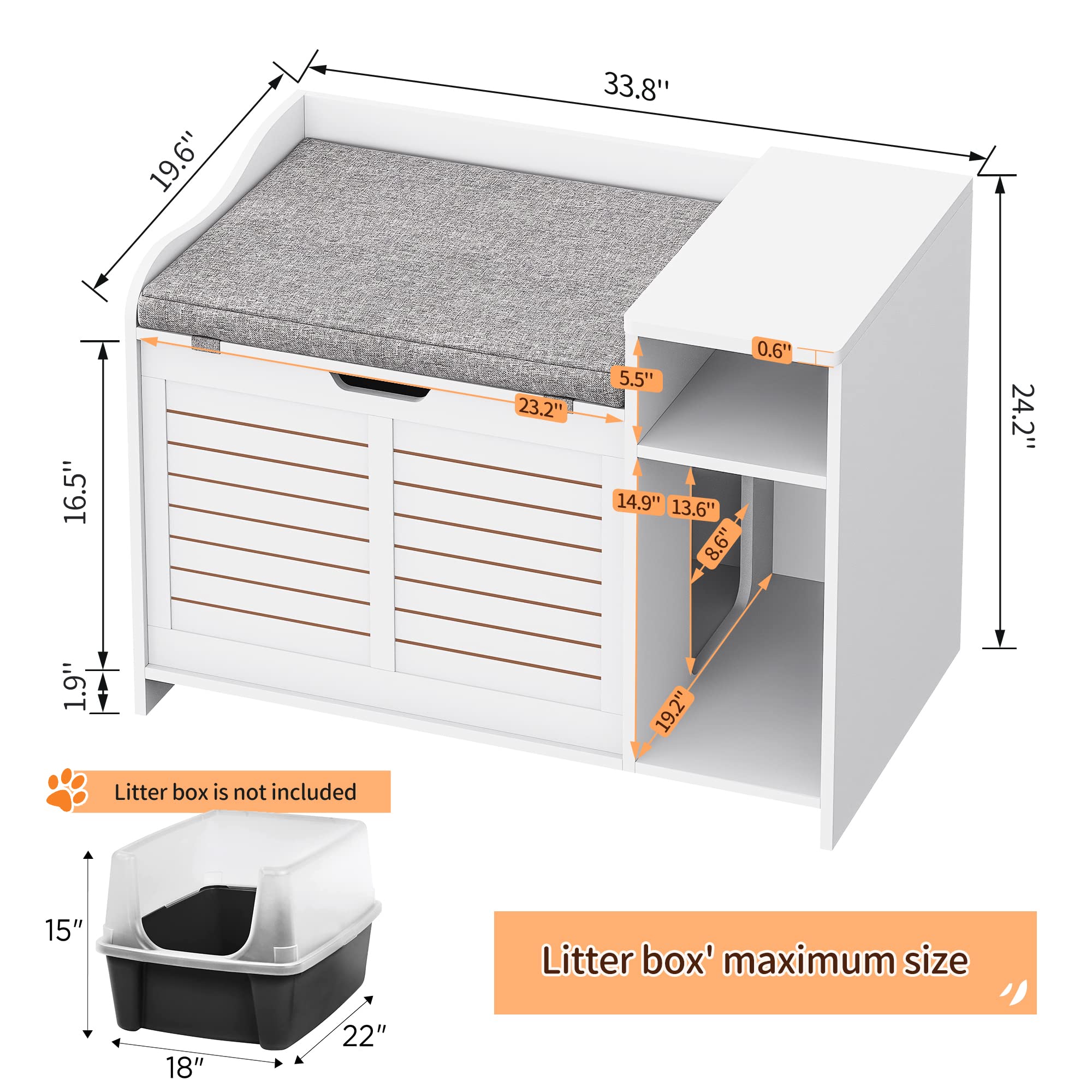 Garvee Cat Litter Box Enclosure with Cushion, Hidden Cat Litter Box Furniture, Cat Litter Box Furniture with Top Opening, Flip Top Litter Box Enclosure Cat House, White