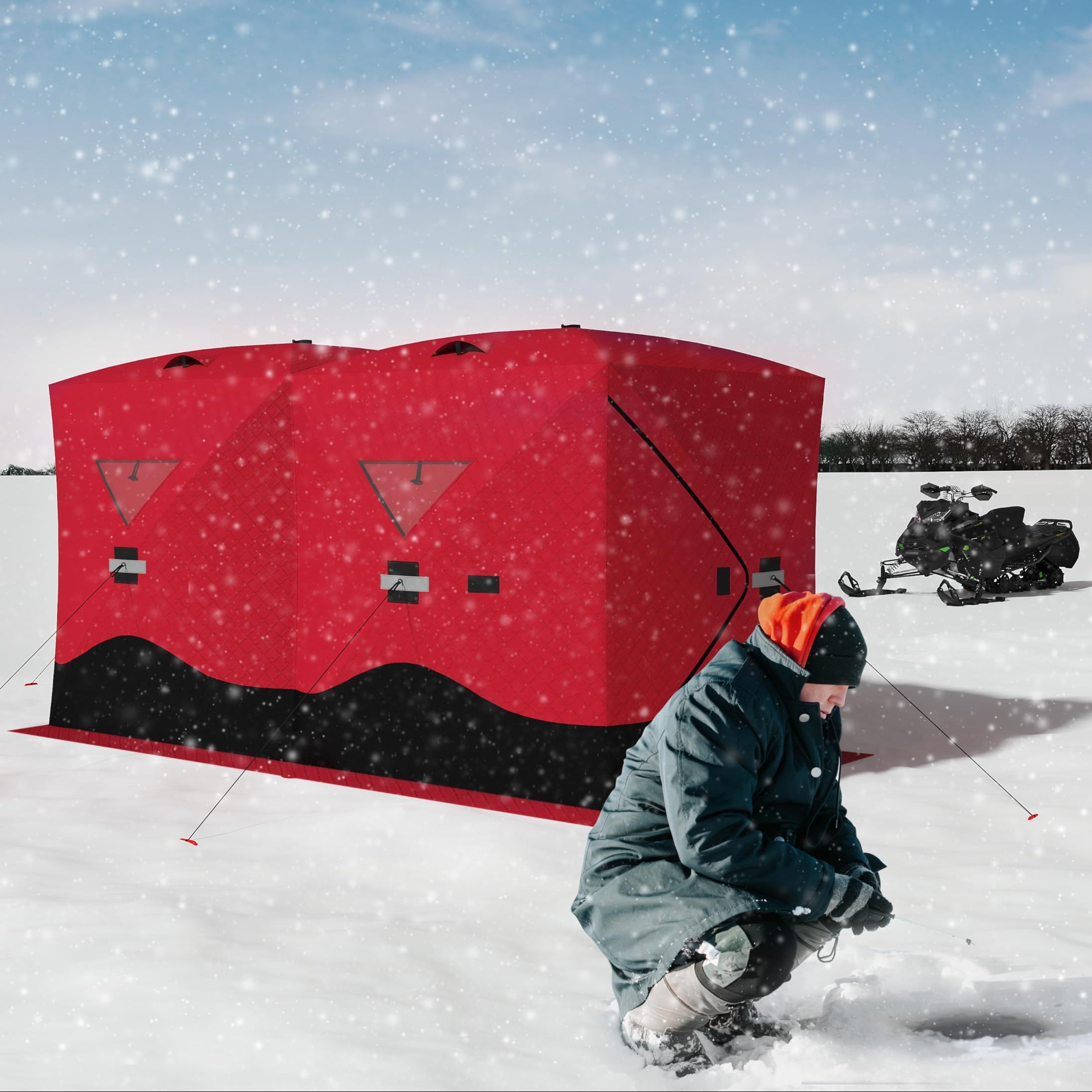 Garvee Ice Fishing Insulated Tent, Large Pop-Up Portable Hub-Style Ice Fishing Shelter, 5-7 Person Shelter 68 Square Feet of Fishable Area