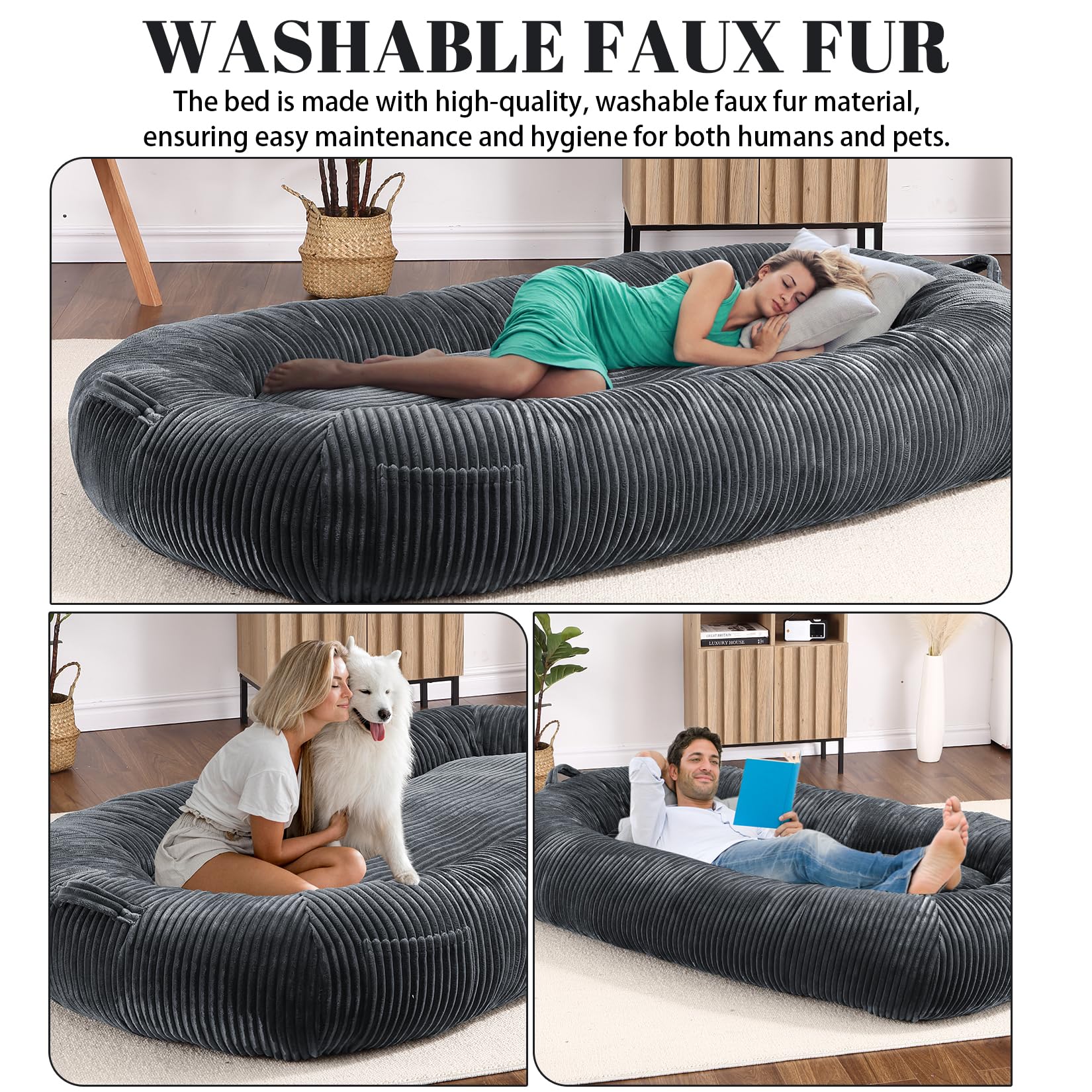Garvee Dog Bed for Adult, Human Size Giant Dog Bed for Men and Women, 71”x48”x14” Human Dog Lazy Sofa Bed for People and Pets, Washable Strip Flannel Nap Bed Adult Oval, Human-Sized Dog Bed,Dark Grey