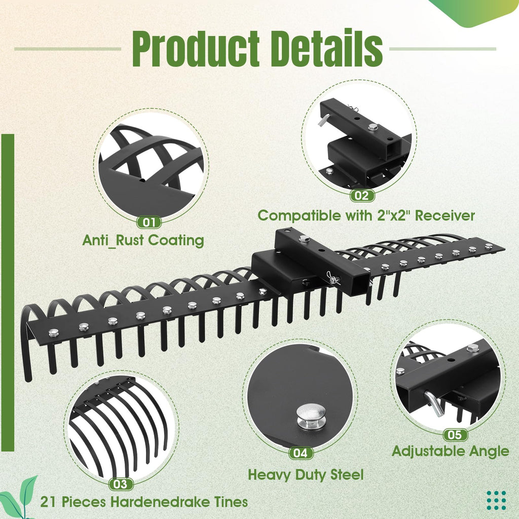 Garvee 60 Inch Landscape Rock Rake,3 Point Attach Rake Fit for 2 Inch Receiver with 360 Degree Rotation,Tow-Behind Garden Tool for Compact Tractors, Category 1