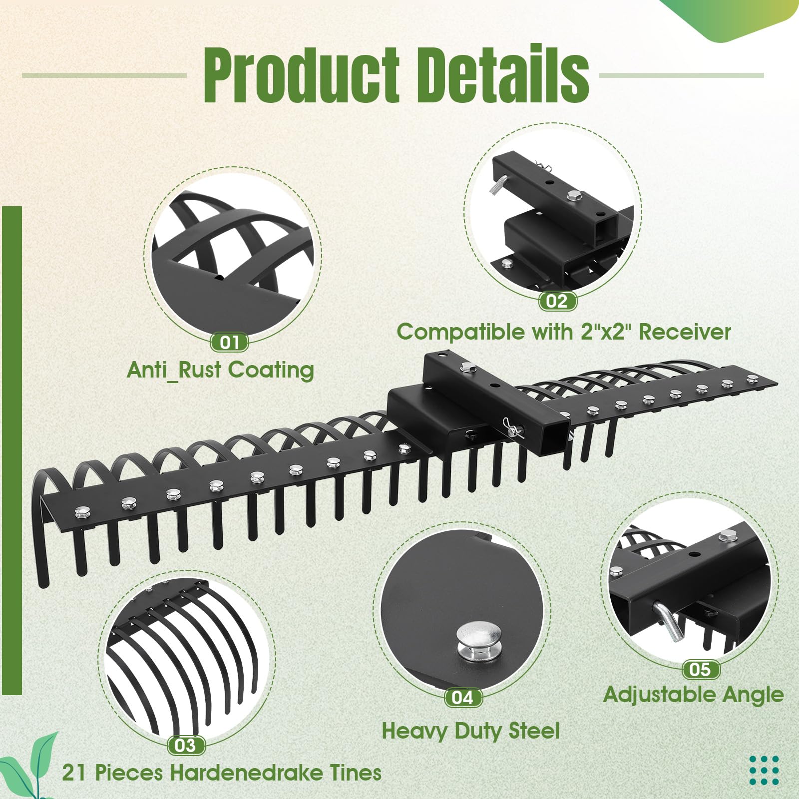 Garvee 60 Inch Landscape Rock Rake,3 Point Attach Rake Fit for 2 Inch Receiver with 360 Degree Rotation,Tow-Behind Garden Tool for Compact Tractors, Category 1