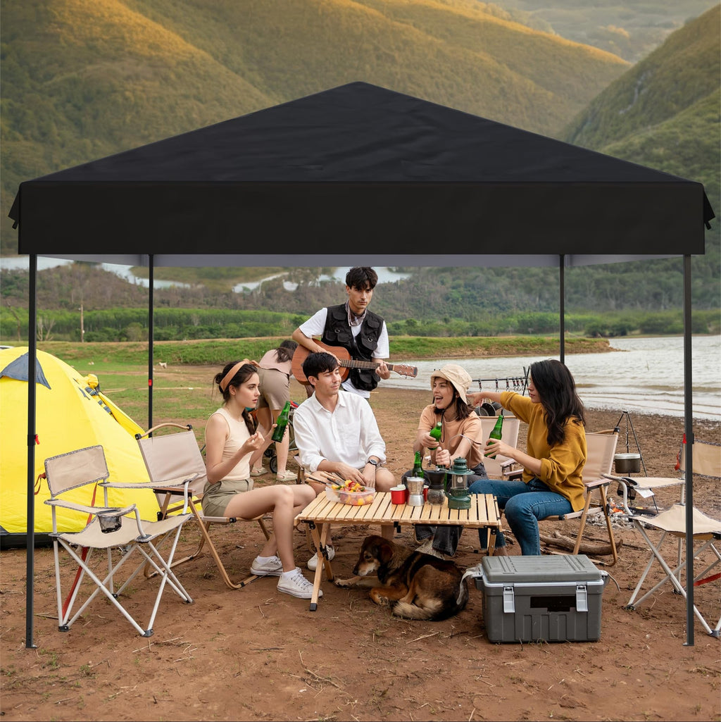 Garvee 10'x10' Pop-Up Canopy Tent - Portable Instant Gazebo with 1 Removable Sidewall, 4 Stakes & Ropes for Outdoor Events, Patio, Party, Camping, Black
