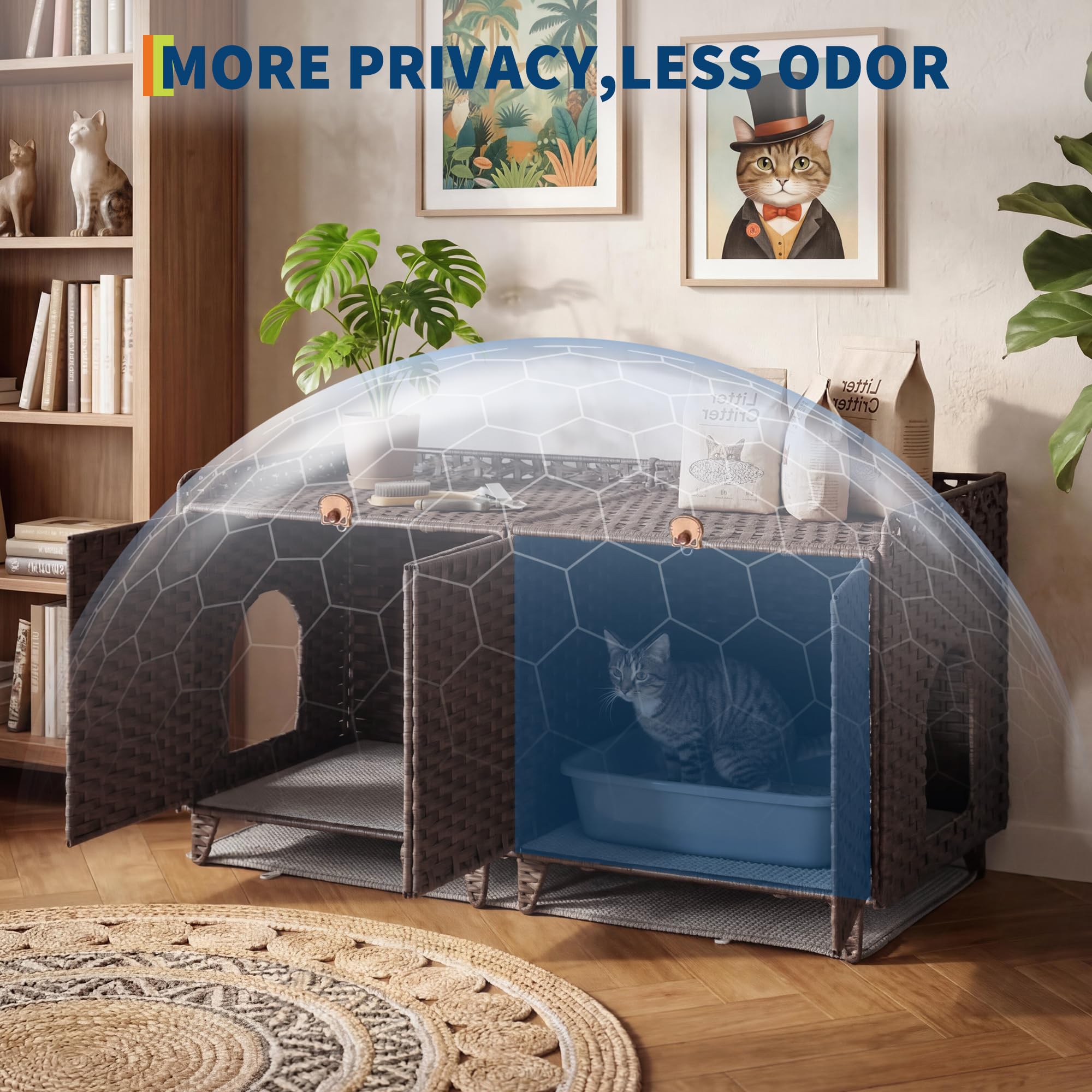 Garvee Cat Litter Box Enclosure Furniture Handwoven Rattan Hidden Cat Washroom Large Space Living Room Bedroom Brown