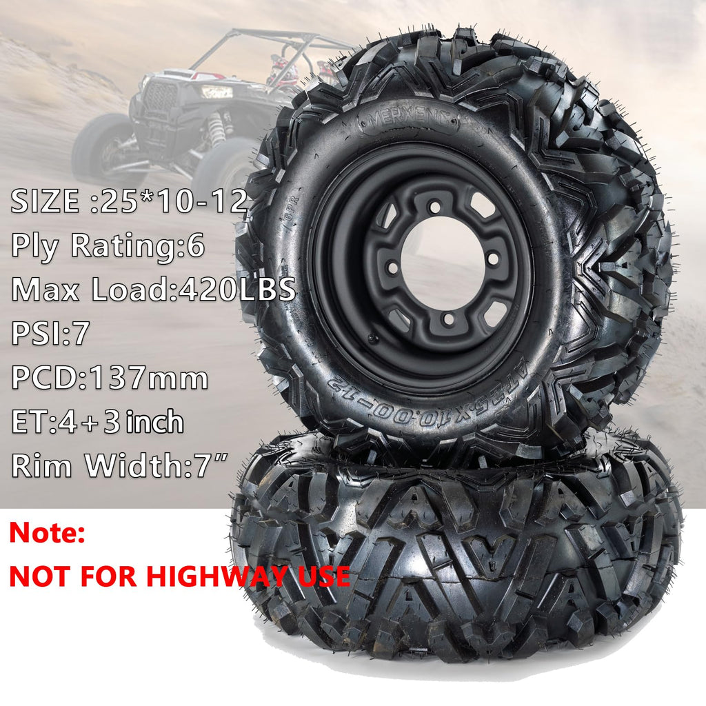 Garvee 25x10-12 ATV Tires with 12" Steel Wheel Rim 4 Bolt All-Terrain Off-Road Mud Sand Terrain Black