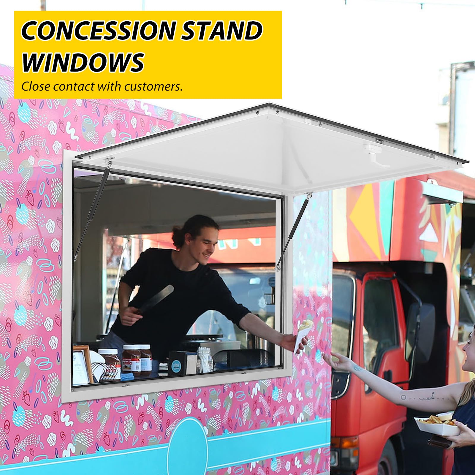 Garvee Concession Window with Awning, 53"W x 33"H, Double-Point Fork Lock, Aluminum Frame, Hydraulic Lift Struts, Food Truck/Trailer
