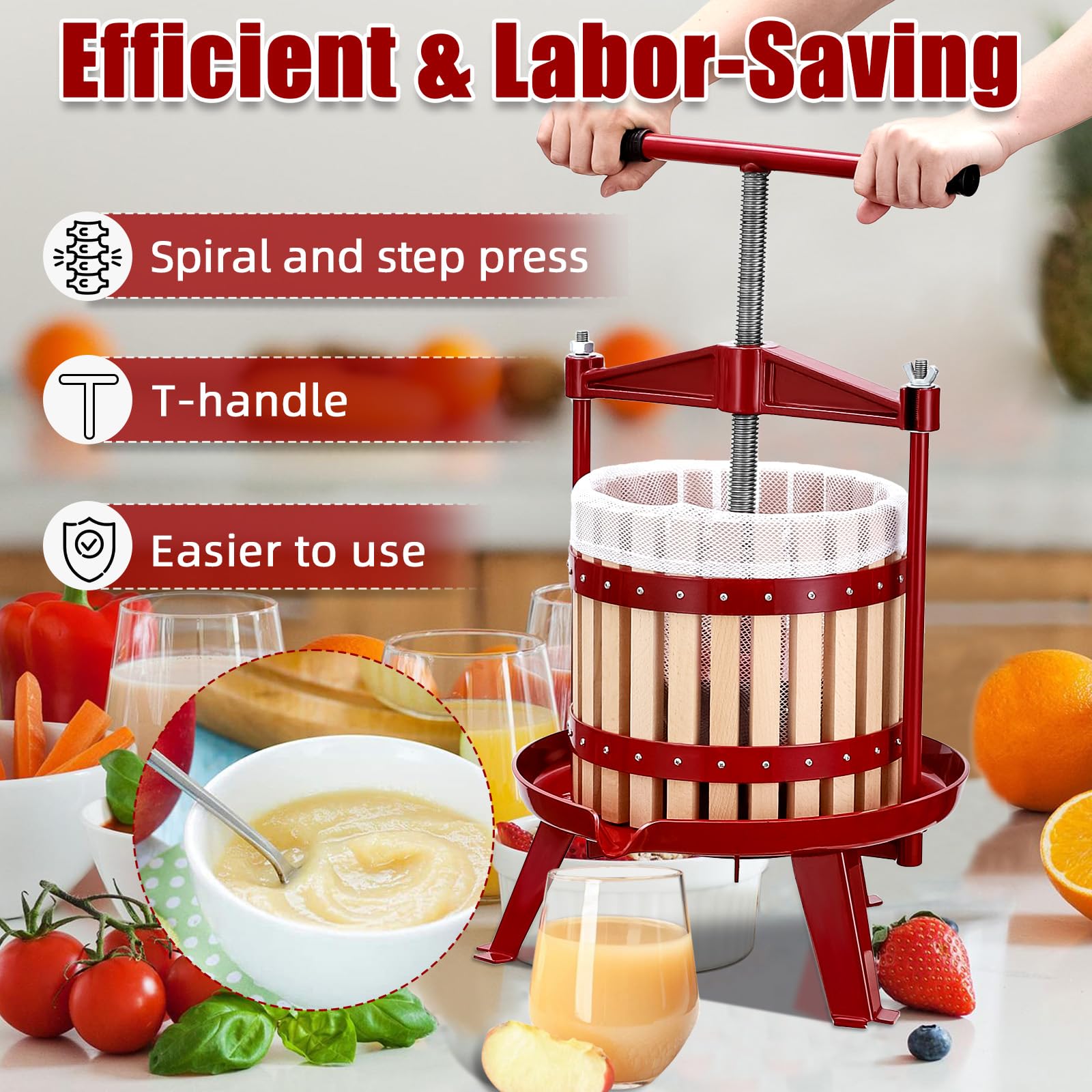 Garvee Fruit Wine Press 3.17 Gal, Wood Steel Fruit and Wine Press with 1 Pack Filter Bag, Traditional Juicer Manual T-Handle Fruit Press, Triangular Structure, Juicer Grinder Making Press for Outdoor Kitchen