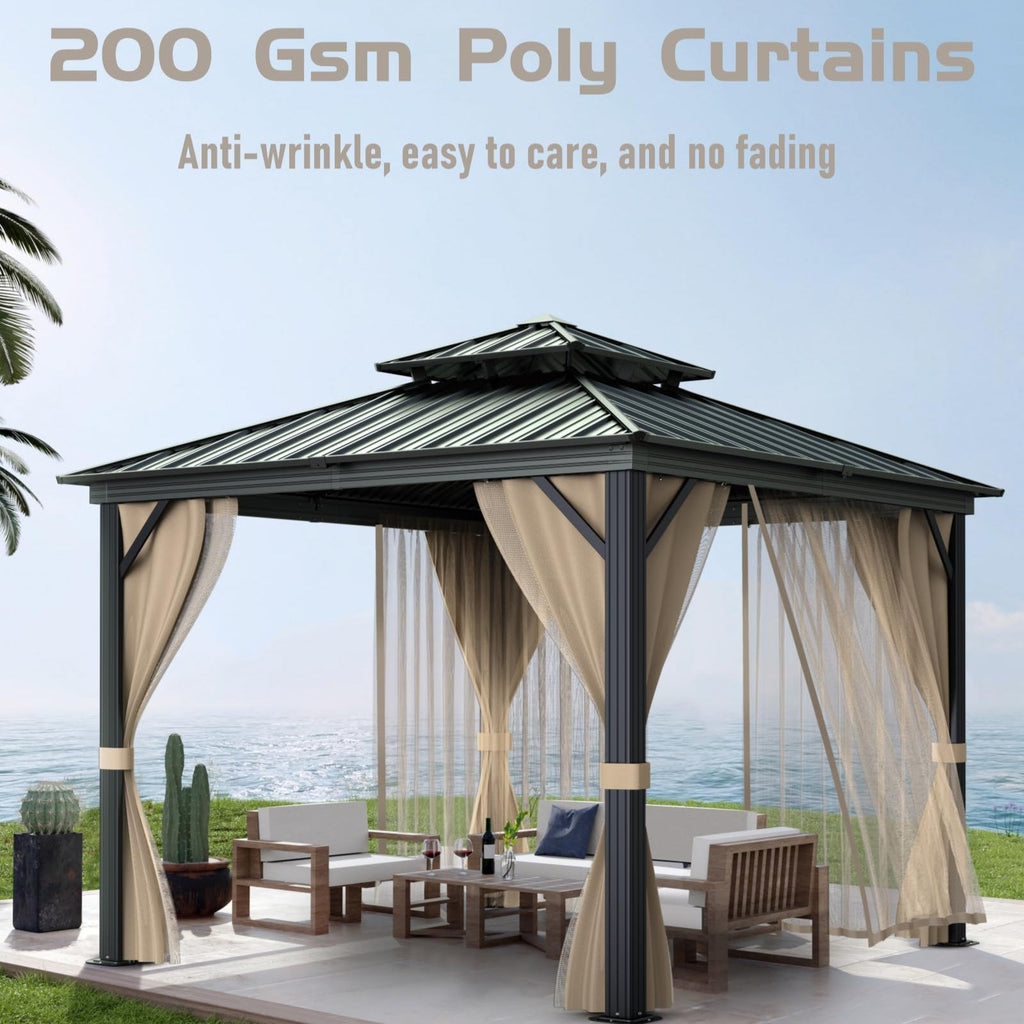 Garvee 10'x10' Hardtop Gazebo with Double Metal Roof Aluminum Frame, Net & Curtain, All-Weather Patio Shelter for Deck, Garden & Backyard, Khaki