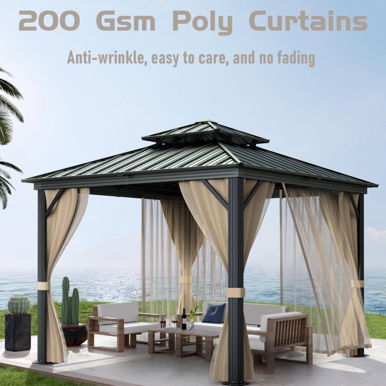 Garvee 10'x10' Hardtop Gazebo with Double Metal Roof Aluminum Frame, Net & Curtain, All-Weather Patio Shelter for Deck, Garden & Backyard, Khaki