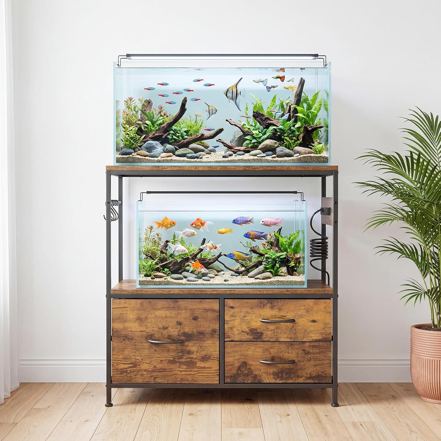 Garvee Fish Tank Stand, Metal Double Aquarium Stand with Cabinet, Heavy Duty Reptile Terrarium Stand