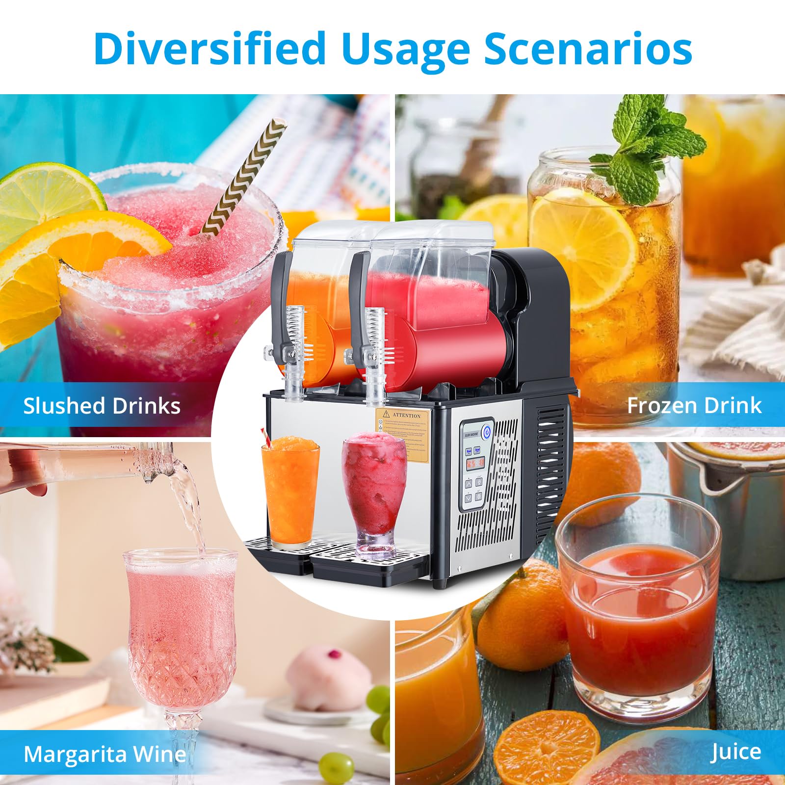 Garvee Commercial Slushie Machine 4Lx2 Stainless Steel 300W Self-Cleaning Double Tank for Home Coffee Shop Restaurant