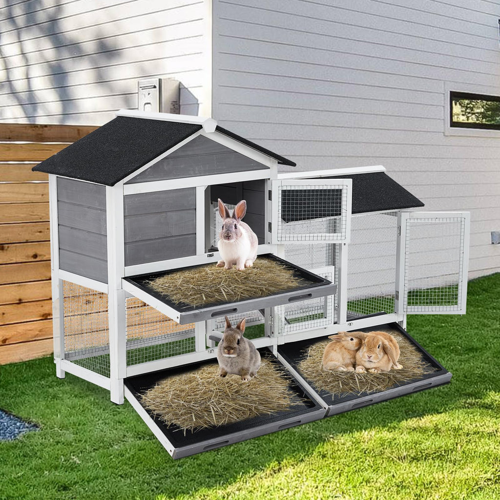 Garvee  Two Floors 63" Wooden Outdoor Indoor Roof Waterproof Bunny Hutch Rabbit Cage Guinea Pig Coop PET House for Small to Medium Animals with Stairs and Cleaning Tray