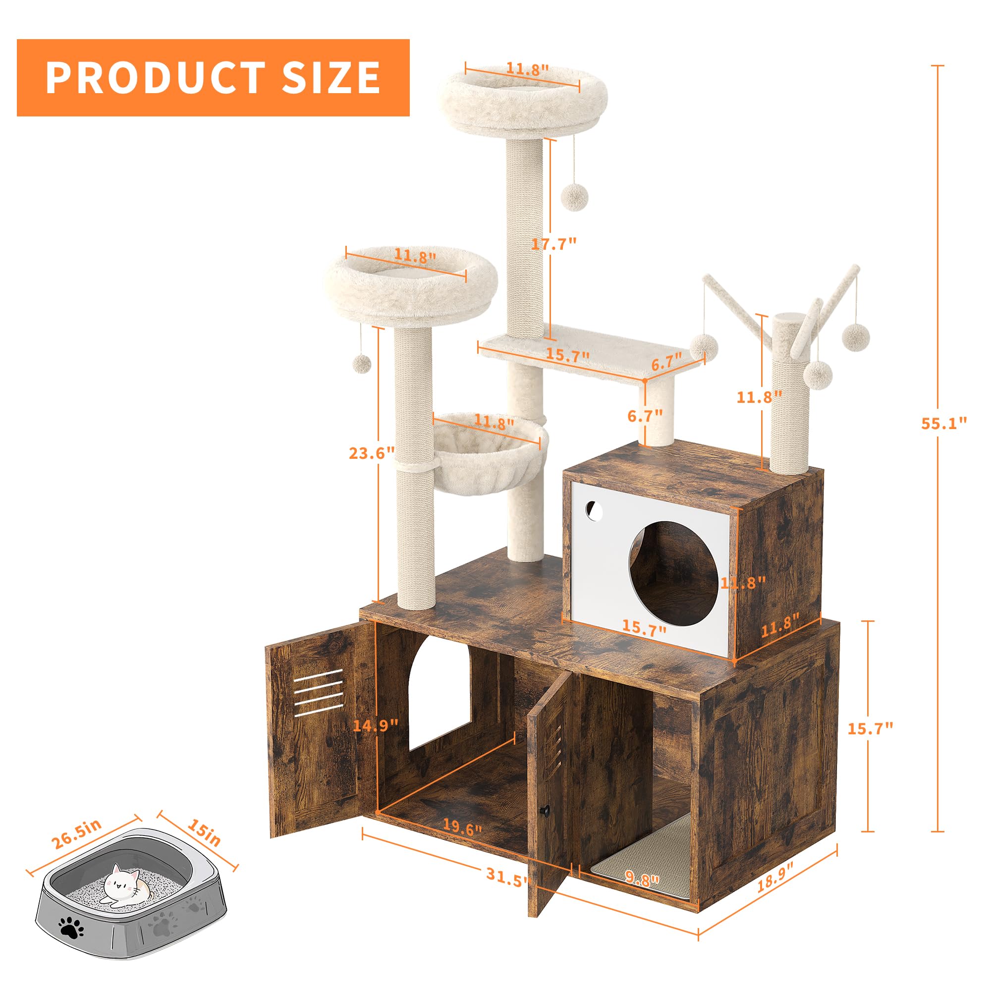Garvee Cat Tree with Litter Box Enclosure, Sisal Scratching Post, Modern Wooden Cat Tower, Rustic Brown, Compact 31.5''x18.9''