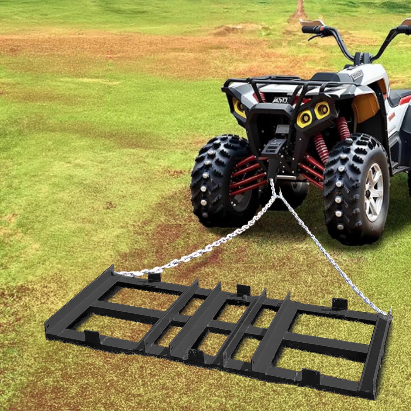 Garvee 6 FT Drag Harrow Driveway Grader, Heavy Duty Power Rake, Driveway Drag for Gravel W/ 6 FT Chain, Tow Behind Lawn Rake for ATV, UTV, Tractor, Mower, Land Leveler for Gravel, Sand, Soil, Hay
