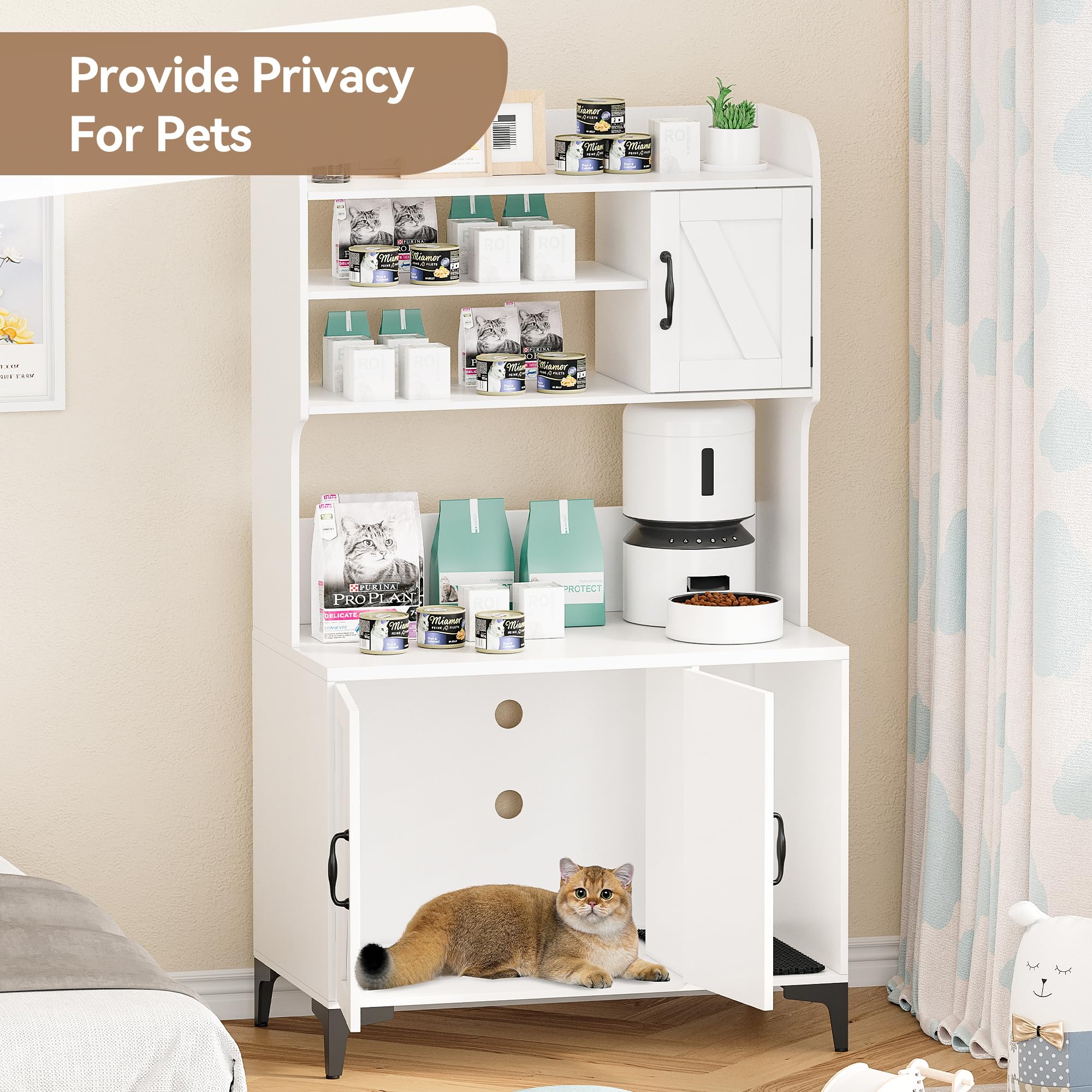 Garvee Cat Litter Box Enclosure, Modern Hidden Cat Litter Box Furniture with 4-Tier Storage Shelves, 2 Cabinets, Cat Litter Mat, Large Wood Indoor Cat House Furniture for Home, White