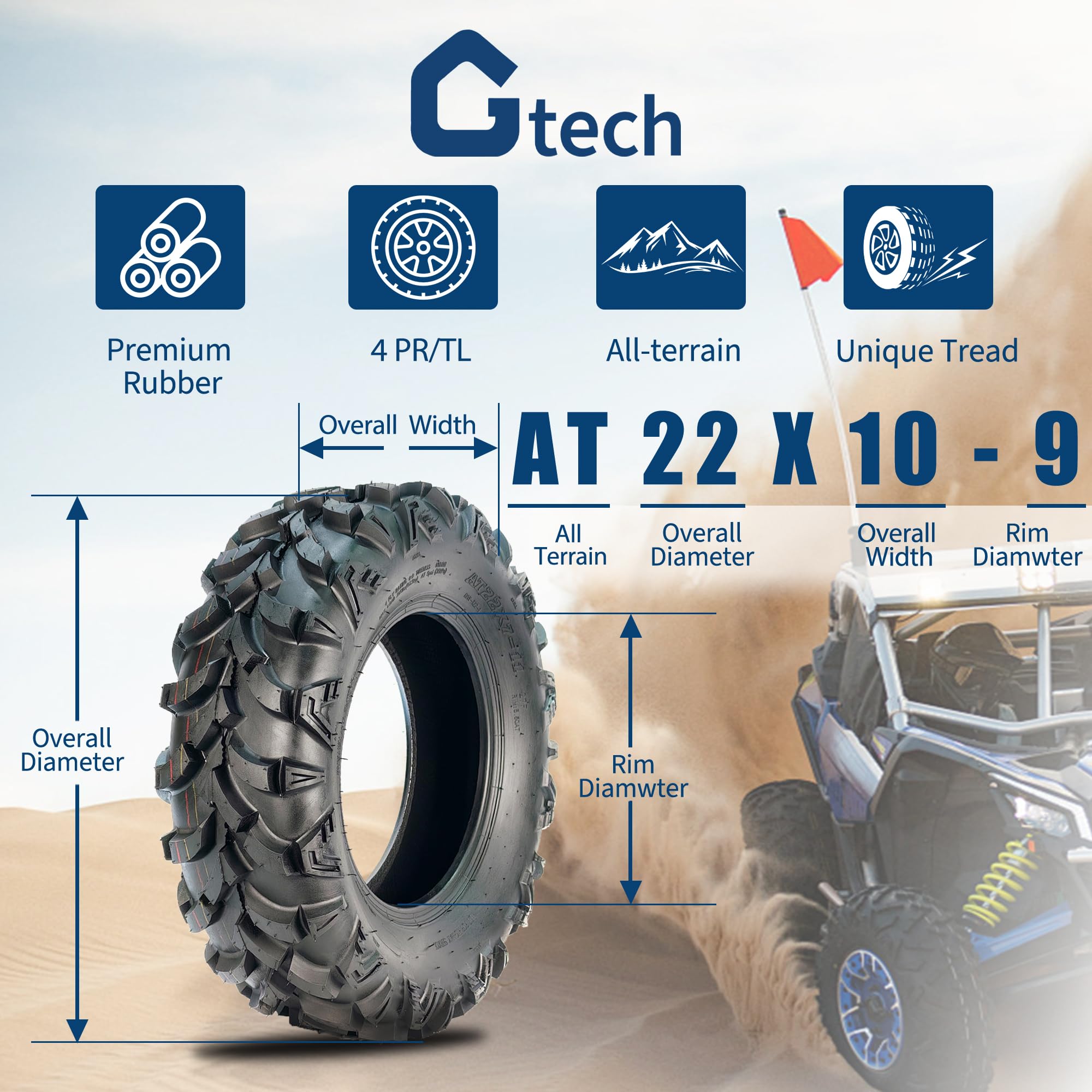 Garvee 22x10-9 ATV Tires 2-Pack Rear 4PR All Terrain Trail Sand Tubeless Reinforced Sidewall
