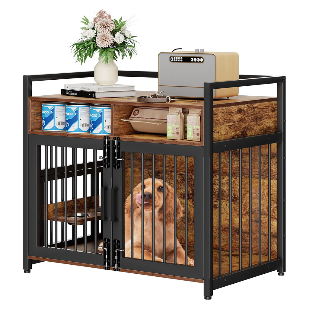 Garvee Dog Crate Furniture With 2 Drawers, Wooden Dog Kennel Indoor, Adjustable 360° Stainless Steel Feeder, Rustic Brown, Small Medium Dogs